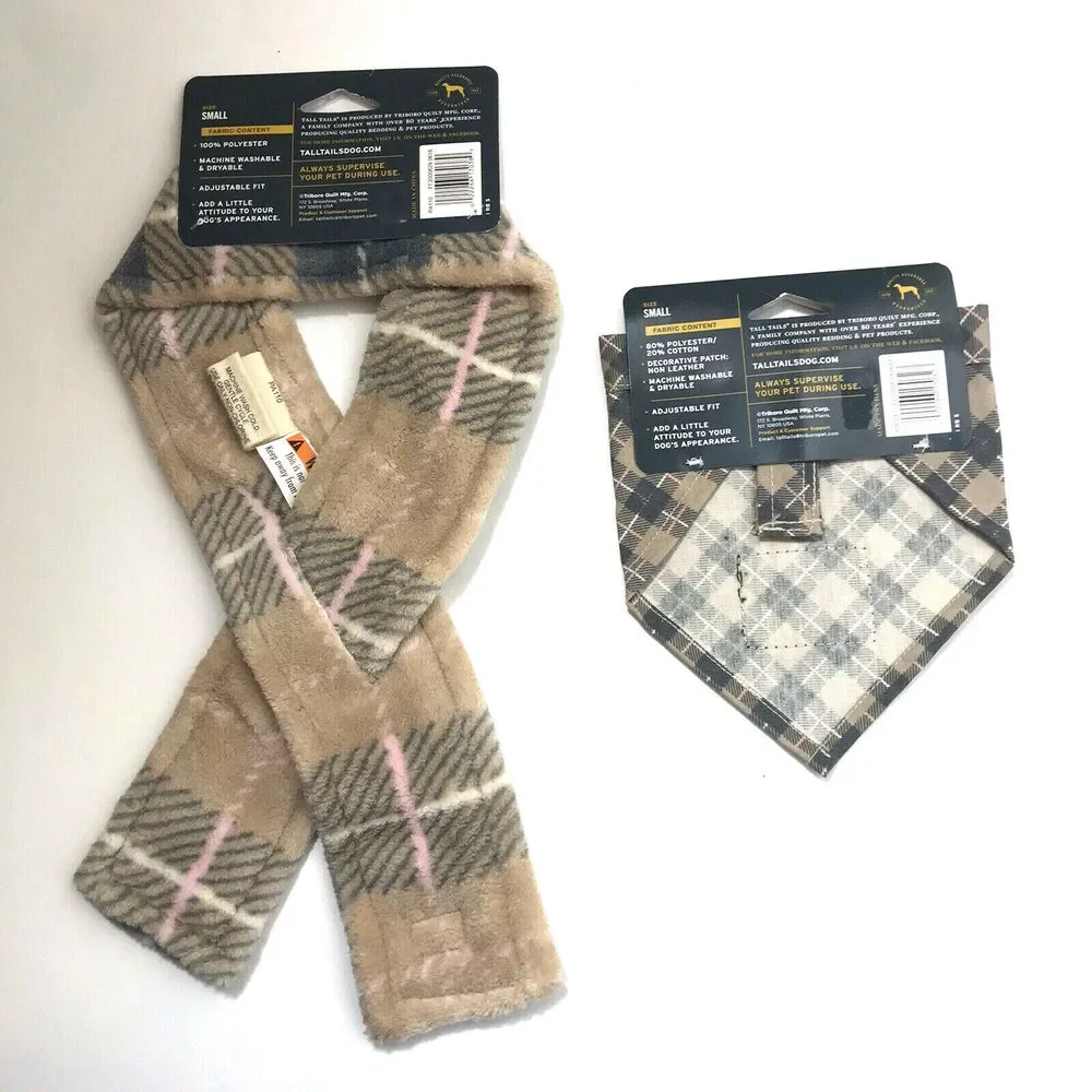 Tall Tails Fleece SCARF And BANDANA SET Tan/Gray PLAID Small 12-16” Winter